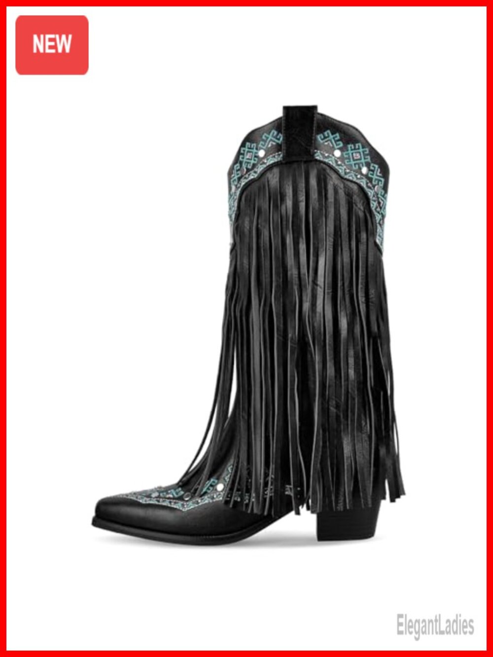 Fringe Cowboy Boots Embroidered Western Booties Chunky Heel Pull On